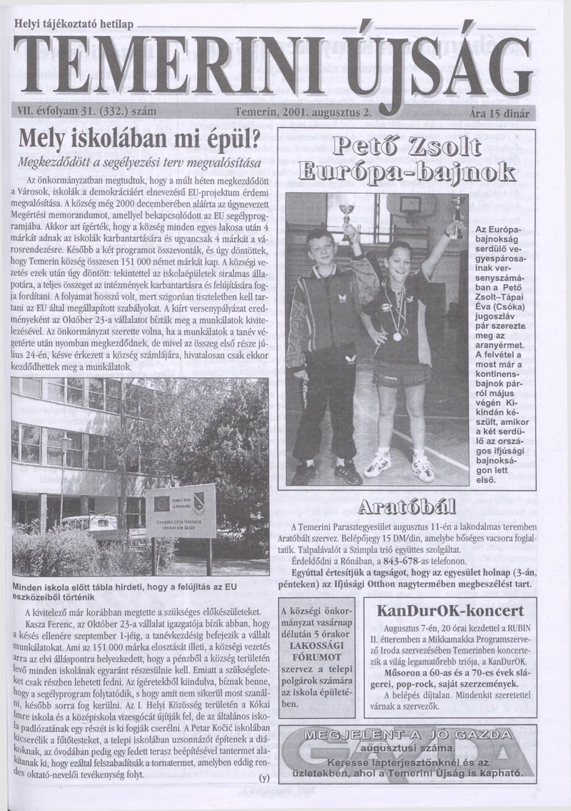 Temerini Újság, 7. évf. 2001. augusztus 2. 31. sz.