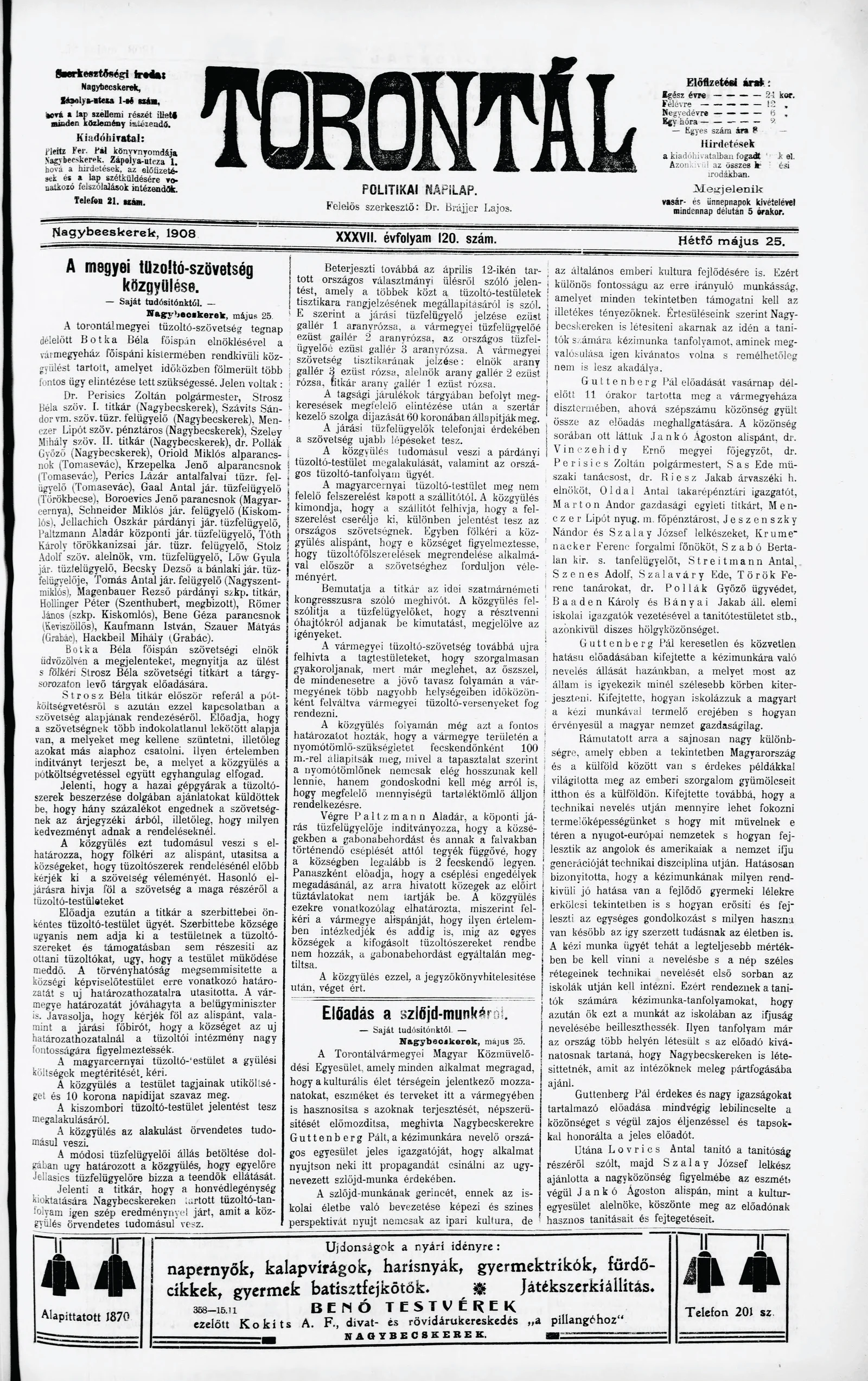 Torontál, 37. évf. 1908. május 25. 120. sz.