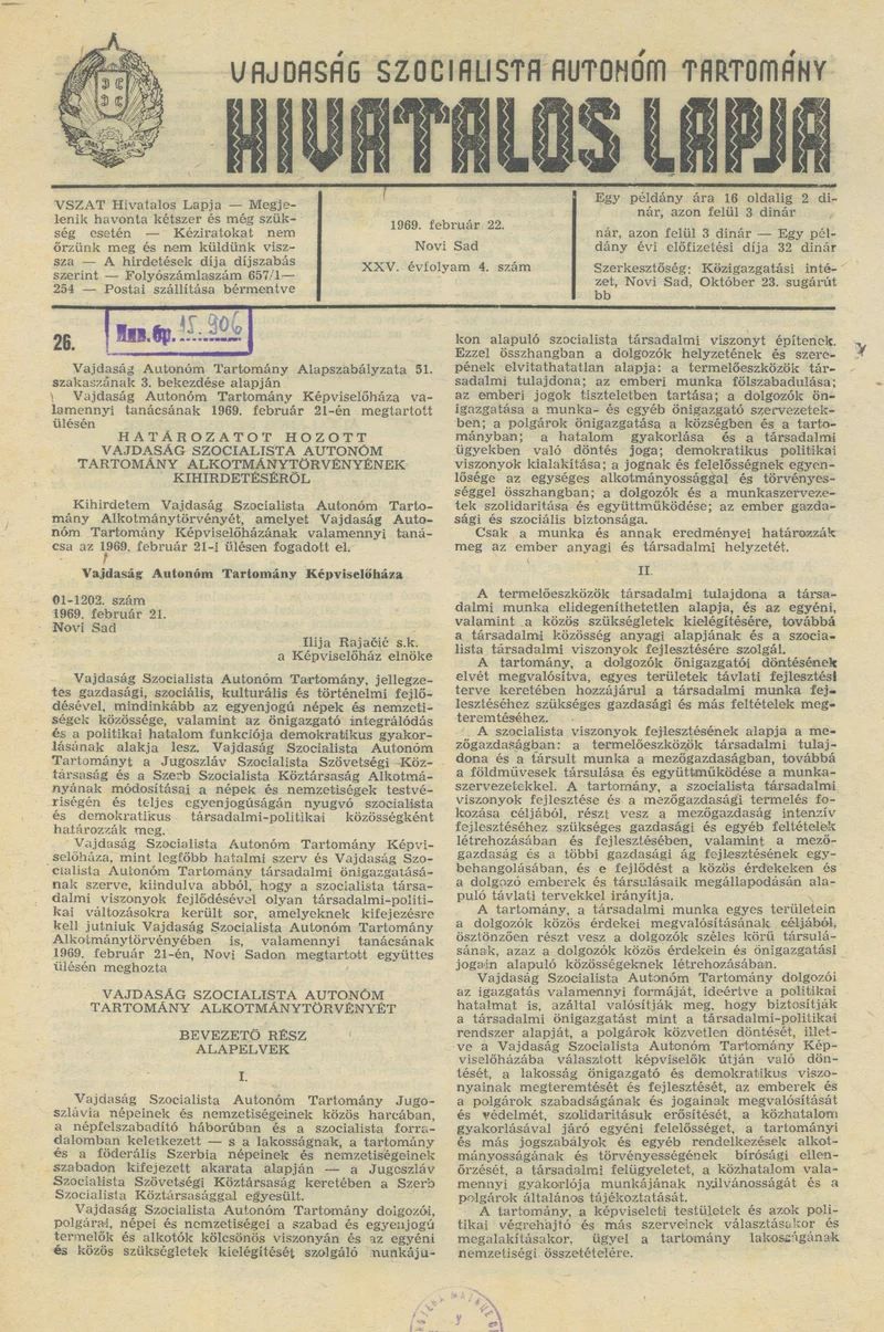 Vajdaság Szocialista Autonóm Tartomány Hivatalos Lapja, 25. évf. 1969. február 22. 4. sz. 25–64. oldal