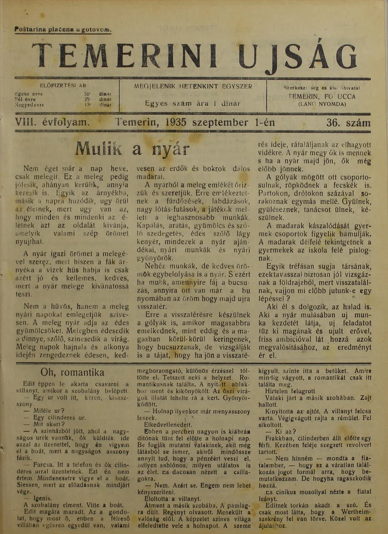 Temerini Újság 1928-1944, 8. évf. 1935. szeptember 1. 36. sz.
