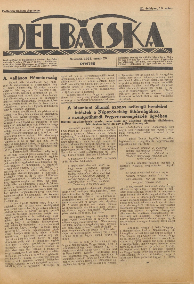 Délbácska, 9. évf. 1928. január 20. 16. sz.