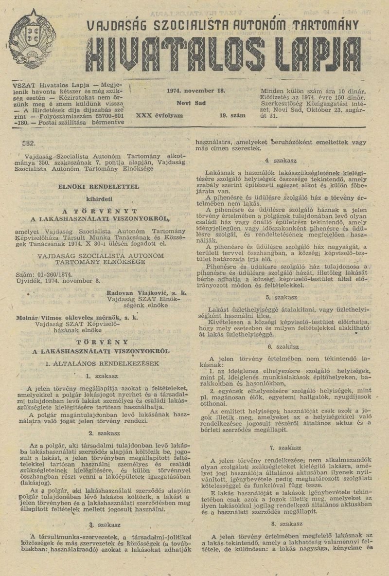 Vajdaság Szocialista Autonóm Tartomány Hivatalos Lapja, 30. évf. 1974. november 18. 19. sz. 789–804. oldal