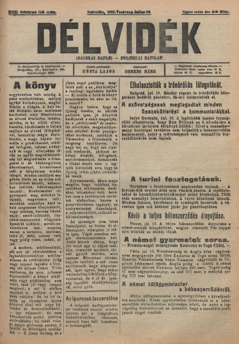 Délvidék, 13. évf. 1919. július 20. 140. sz.