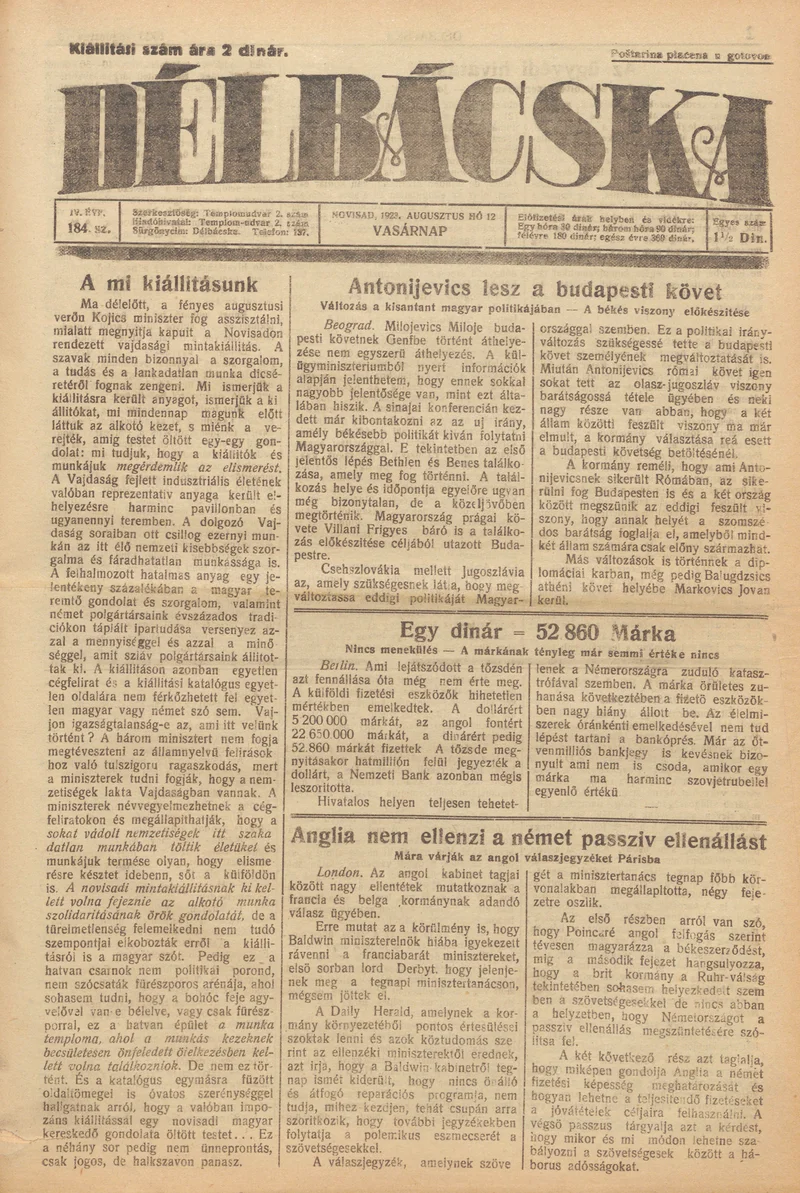 Délbácska, 4. évf. 1923. augusztus 12. 184. sz.
