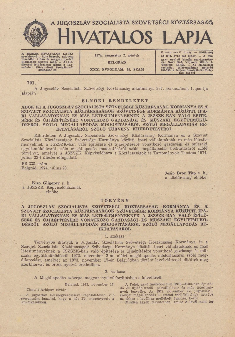 A Jugoszláv Szocialista Szövetségi Köztársaság Hivatalos Lapja, 30. évf. 1974. augusztus 2. 39. sz. 1281–1348. oldal