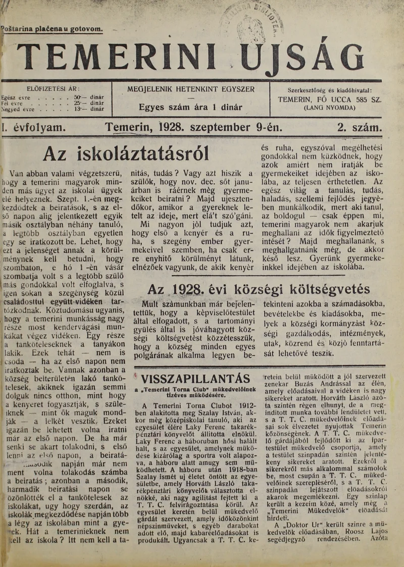 Temerini Újság 1928-1944, 1. évf. 1928. szeptember 9. 2. sz. 1–6. oldal