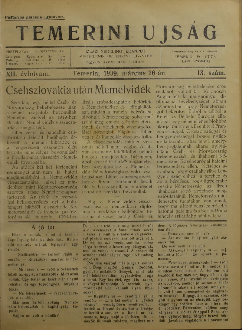 Temerini Újság 1928-1944, 12. évf. 1939. március 26. 13. sz.