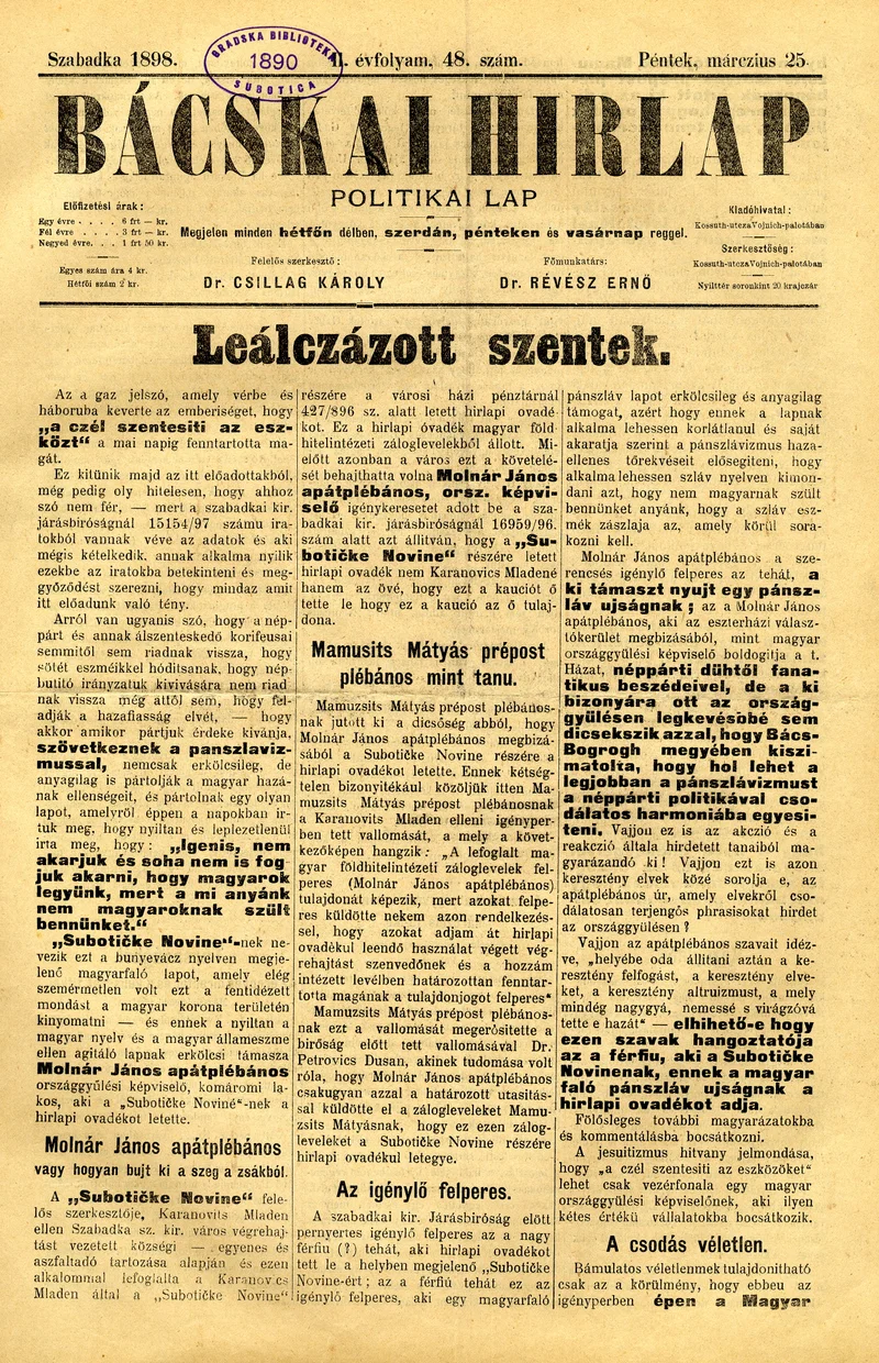 Bácskai Hirlap, 2. évf. 1898. március 25. 48. sz. 1–4. oldal