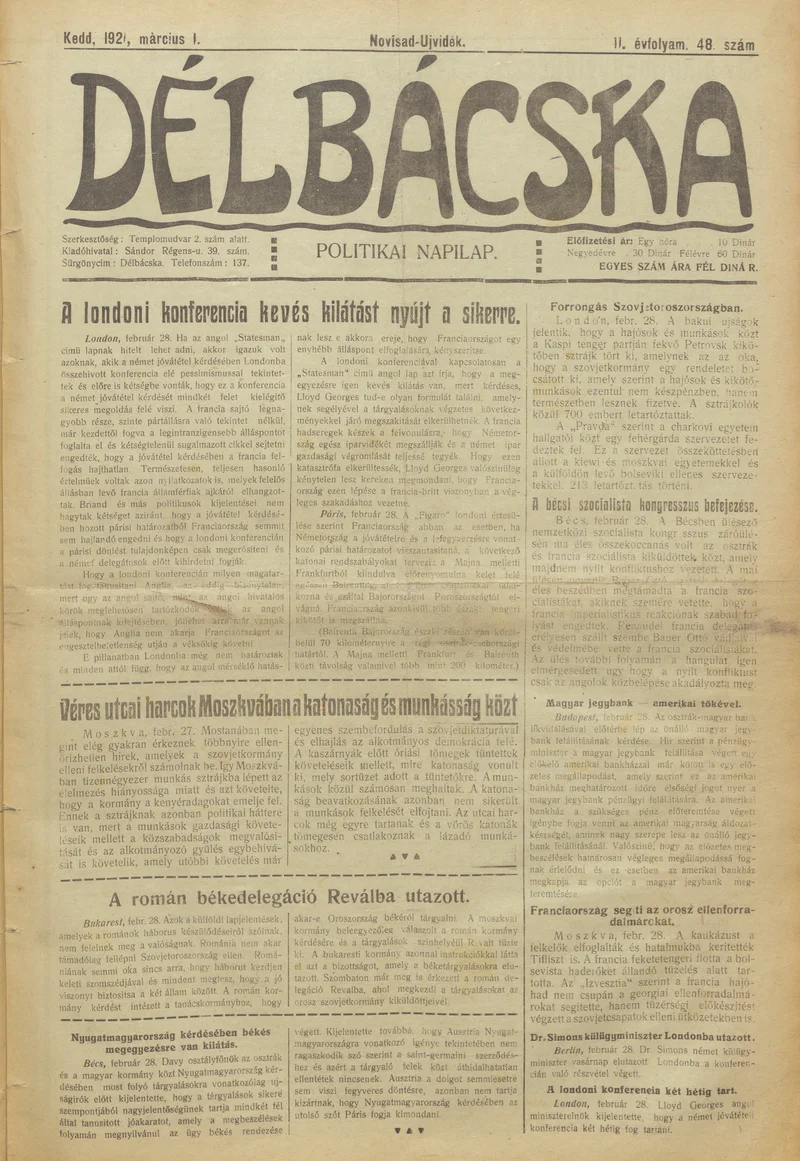 Délbácska, 2. évf. 1921. március 1. 48. sz.