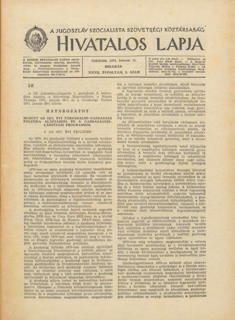 A Jugoszláv Szocialista Szövetségi Köztársaság Hivatalos Lapja, 27. évf. 1971. február 11. 8. sz. 137–172. oldal