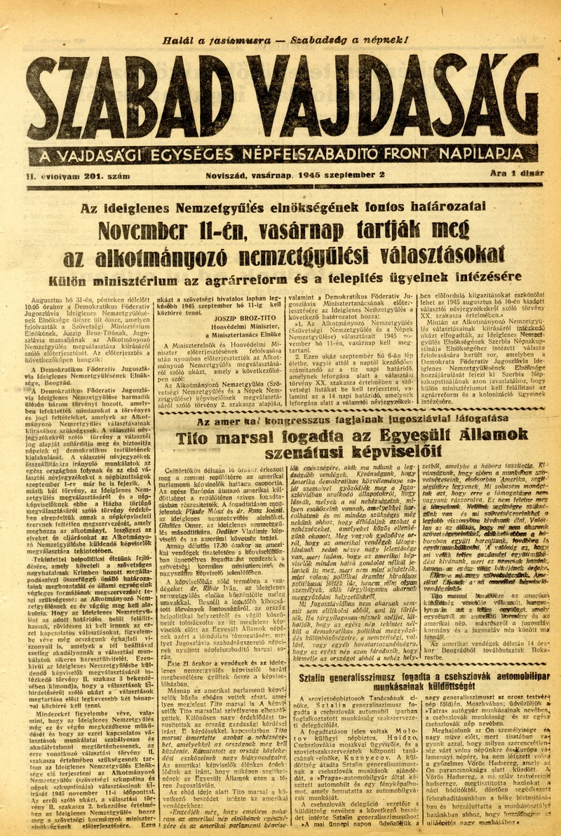 Szabad Vajdaság, 2. évf. 1945. szeptember 2. 201. sz.
