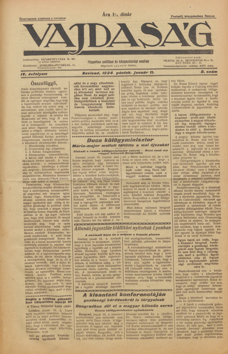 Vajdaság, 4. évf. 1924. január 11. 8. sz.