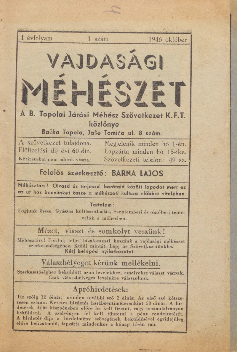 Vajdasági méhészet Bácska Topolya, 1. évf. 1946. október 1. 1. sz.