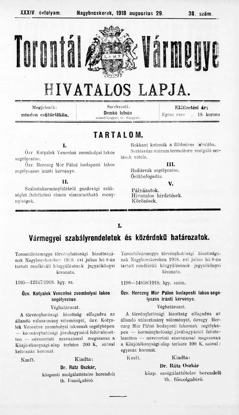 Torontál Vármegye Hivatalos Lapja, 34. évf. 1918. augusztus 29. 38. sz.