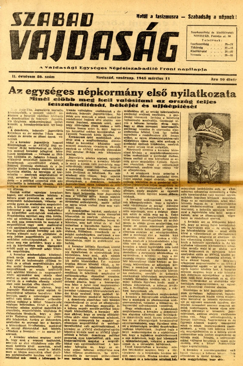 Szabad Vajdaság, 2. évf. 1945. március 11. 56. sz.