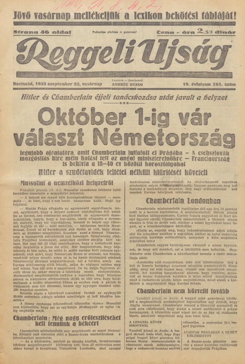 Reggeli Újság, 19. évf. 1938. szeptember 25. 261. sz.