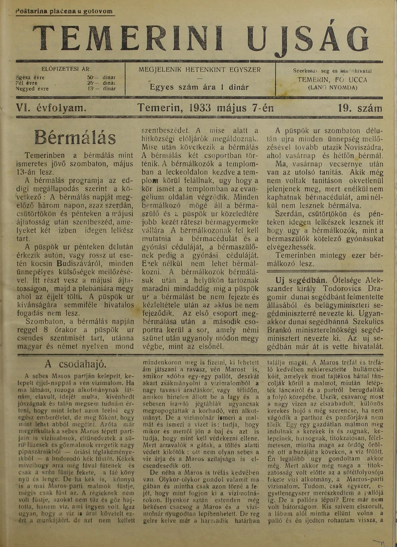 Temerini Újság 1928-1944, 6. évf. 1933. május 7. 19. sz.
