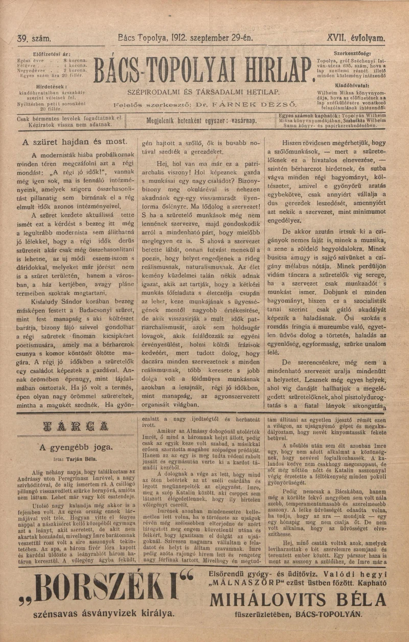 Bács-Topolyai Hirlap, 17. évf. 1912. szeptember 29. 39. sz.