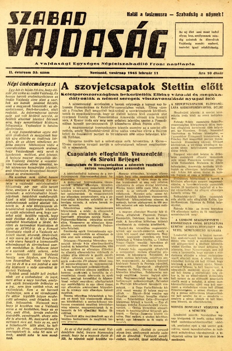 Szabad Vajdaság, 2. évf. 1945. február 11. 33. sz.