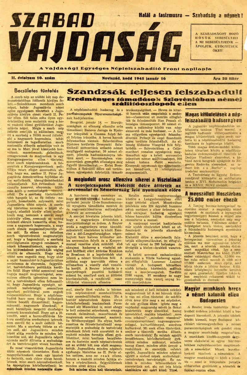 Szabad Vajdaság, 2. évf. 1945. január 16. 10. sz.