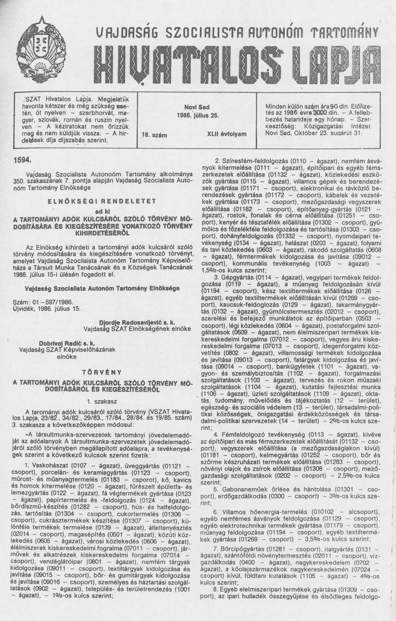Vajdaság Szocialista Autonóm Tartomány Hivatalos Lapja, 42. évf. 1986. július 25. 18. sz.