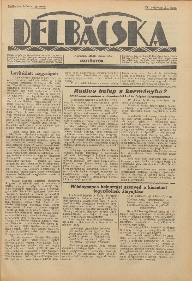 Délbácska, 9. évf. 1928. január 26. 21. sz.