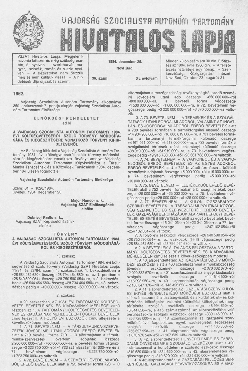 Vajdaság Szocialista Autonóm Tartomány Hivatalos Lapja, 40. évf. 1984. december 26. 36. sz.