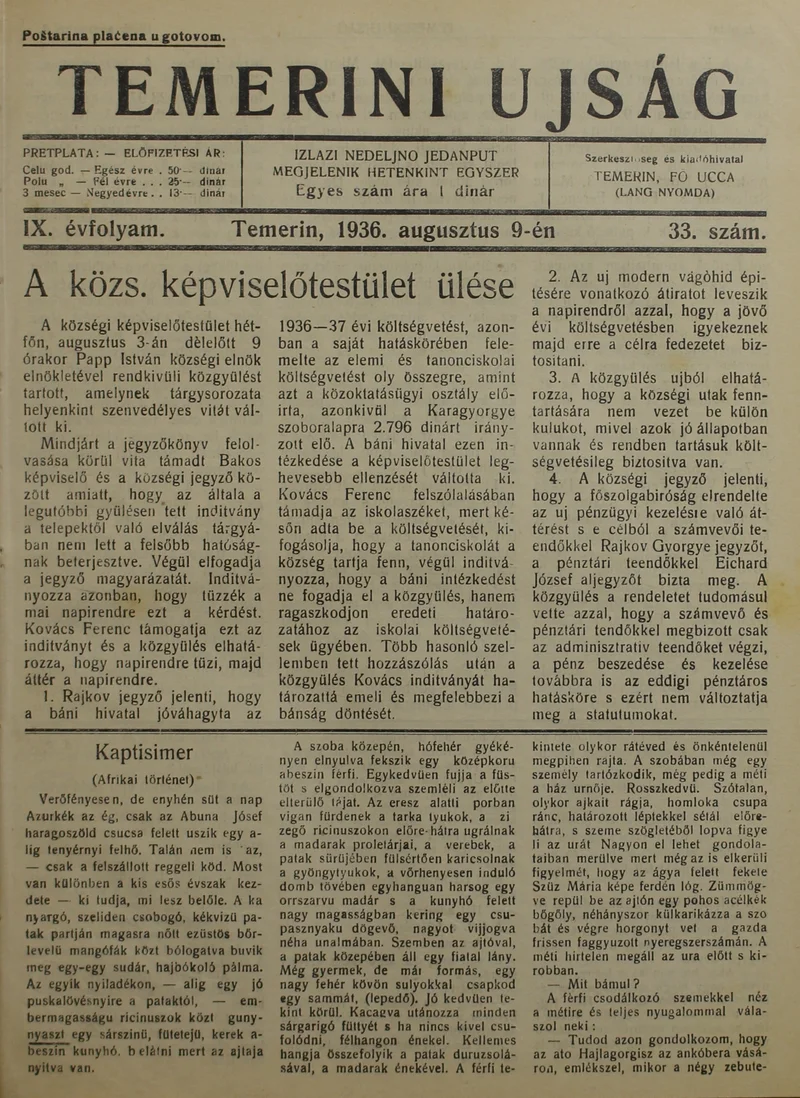 Temerini Újság 1928-1944, 9. évf. 1936. augusztus 9. 33. sz.