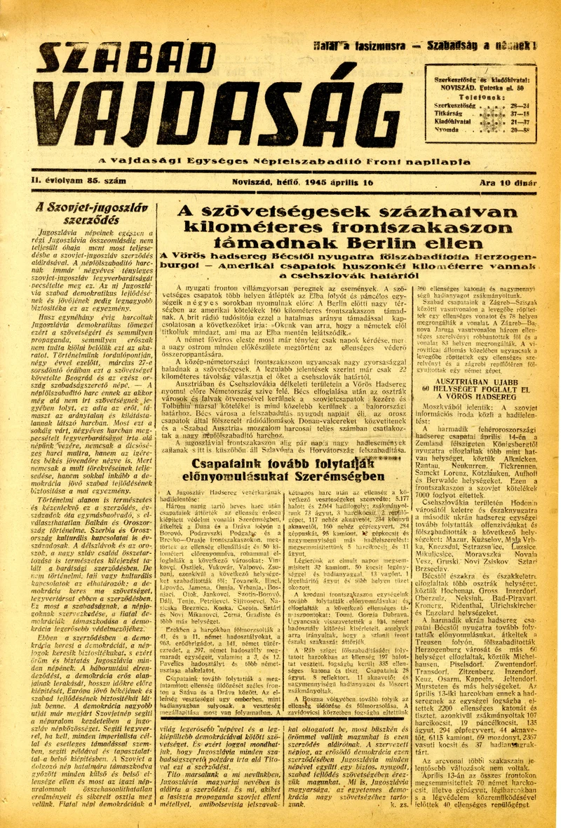 Szabad Vajdaság, 2. évf. 1945. április 16. 85. sz.