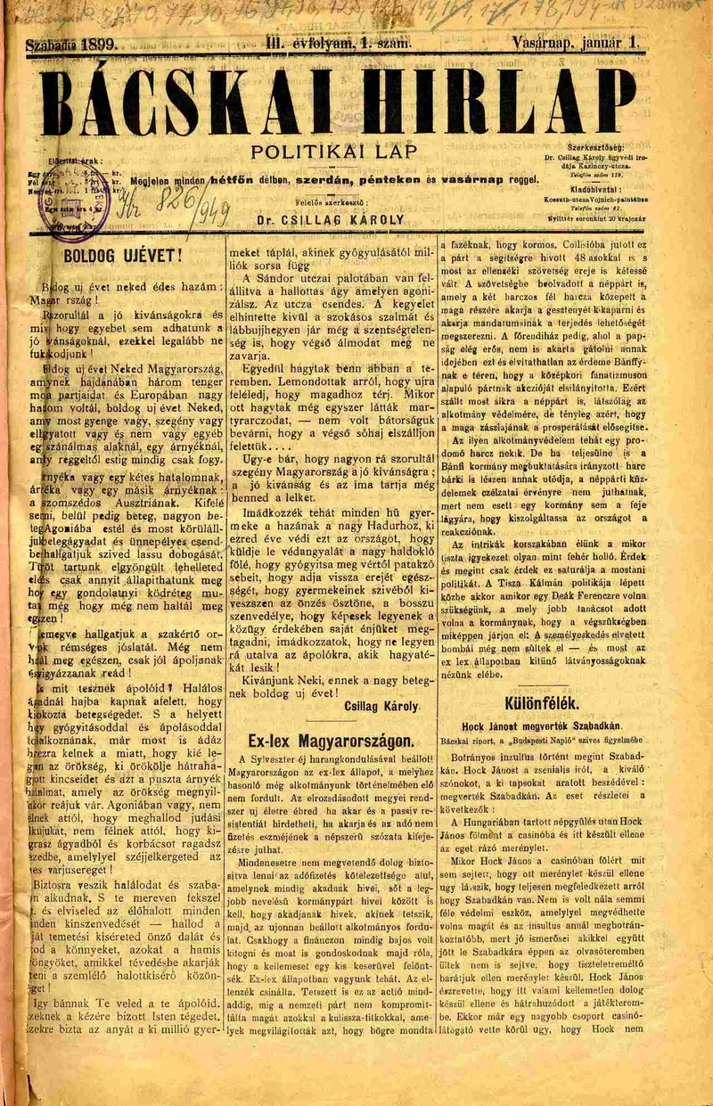 Bácskai Hirlap, 3. évf. 1899. január 1. 1. sz. 1–4. oldal