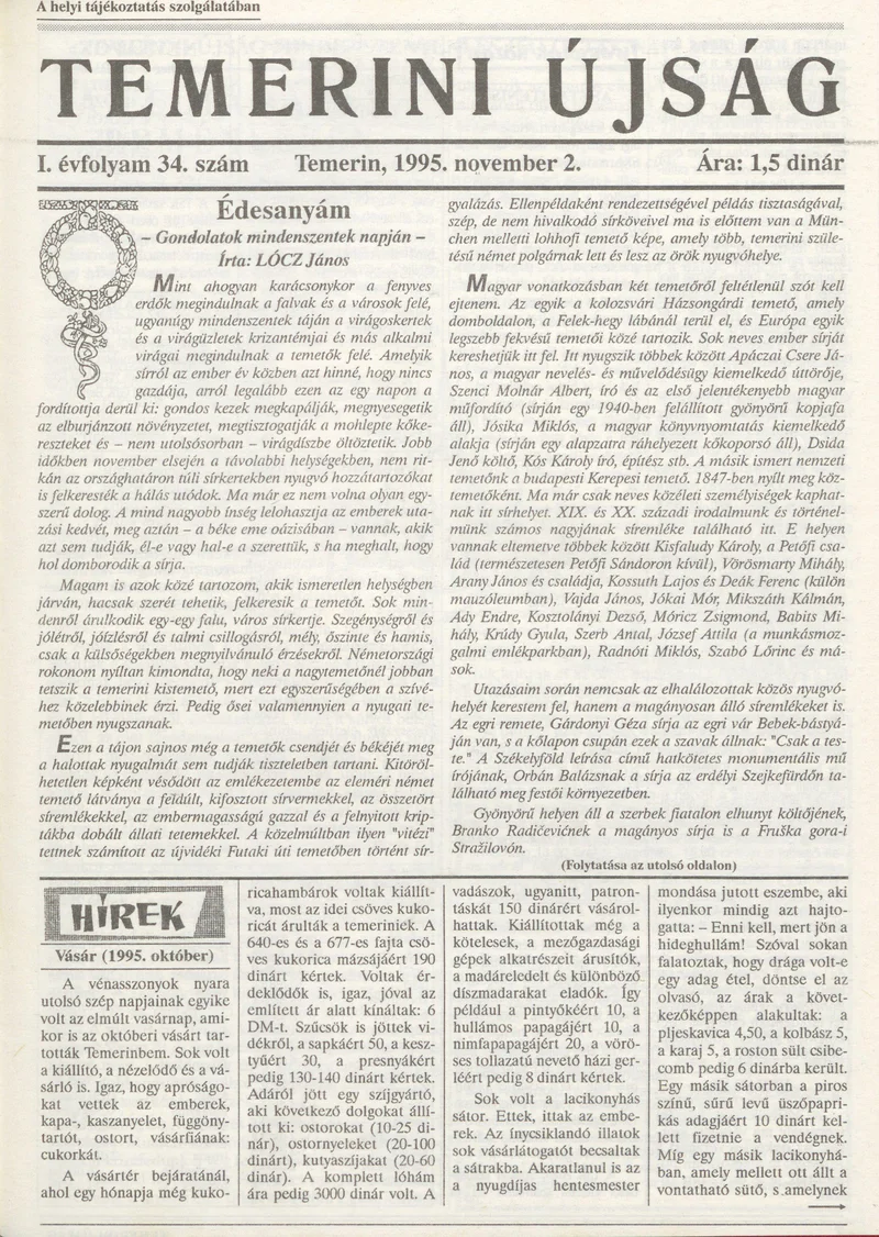 Temerini Újság, 1. évf. 1995. november 2. 34. sz.