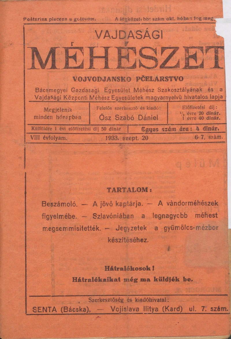 Vajdasági méhészet, 8. évf. 1933. szeptember 20. 6–7. sz.