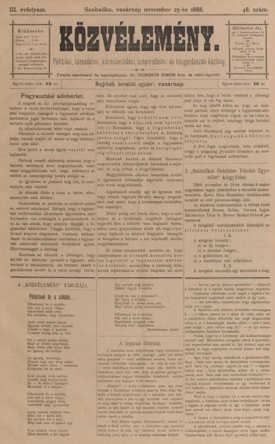 Közvélemény, 3. évf. 1888. november 25. 48. sz.