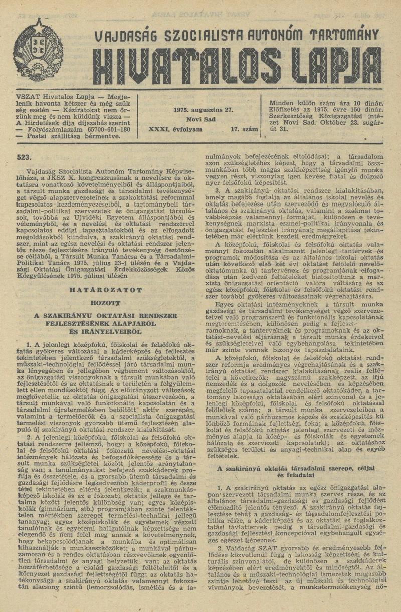 Vajdaság Szocialista Autonóm Tartomány Hivatalos Lapja, 31. évf. 1975. augusztus 27. 17. sz. 765–792. oldal
