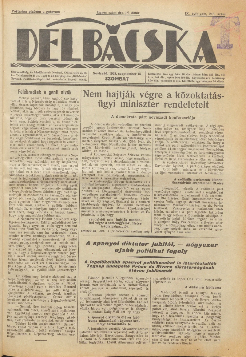 Délbácska, 9. évf. 1928. szeptember 15. 216. sz.