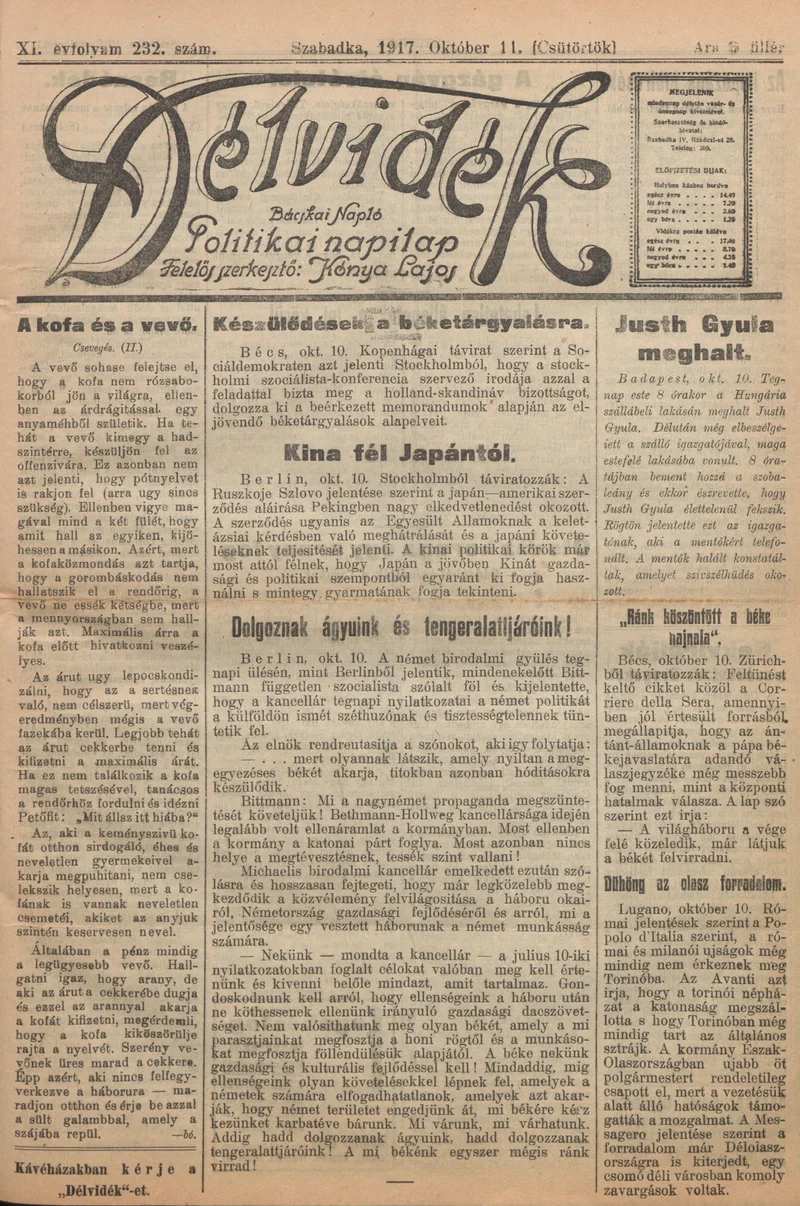 Délvidék, 11. évf. 1917. október 11. 232. sz.