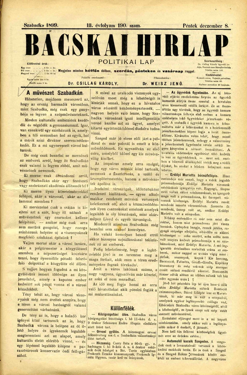 Bácskai Hirlap, 3. évf. 1899. december 8. 190. sz.