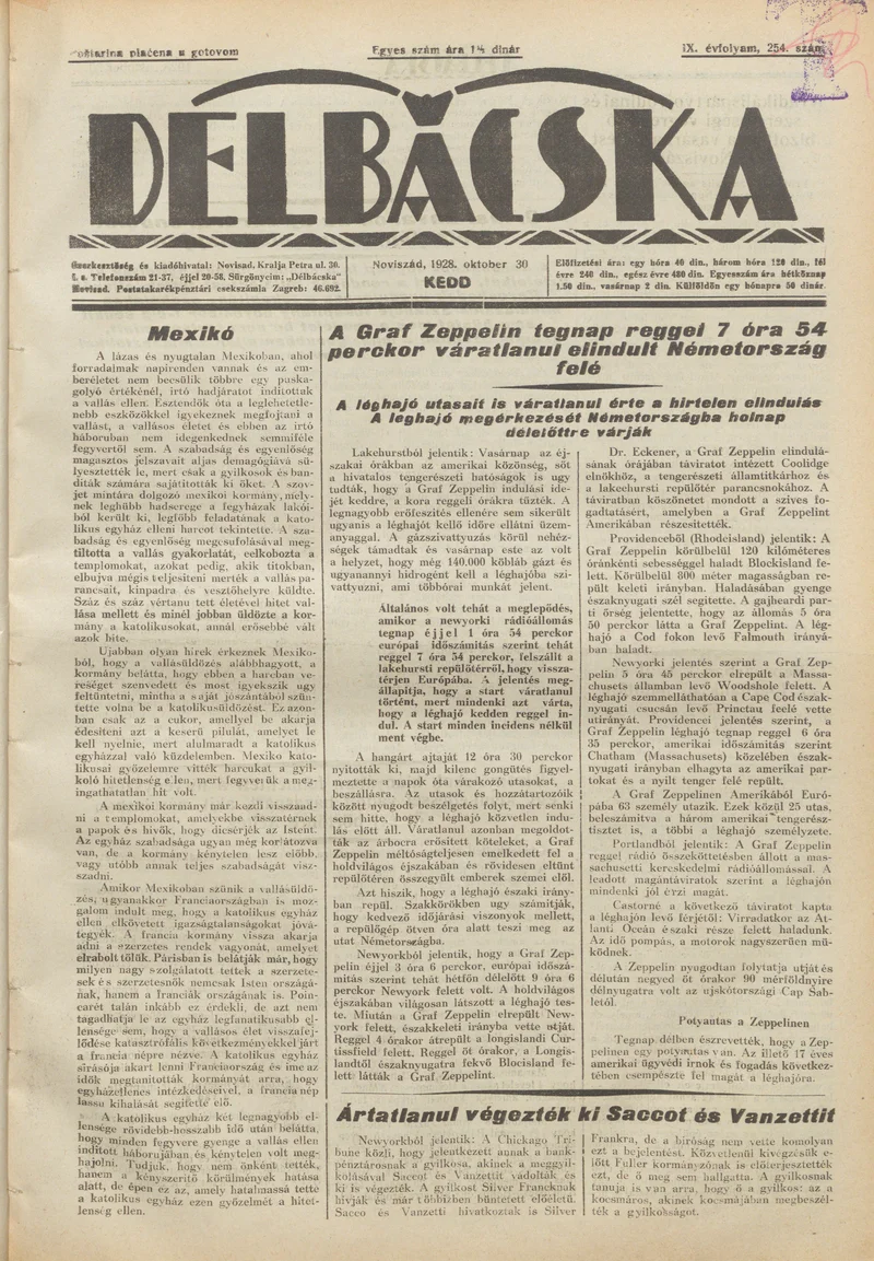 Délbácska, 9. évf. 1928. október 30. 254. sz.