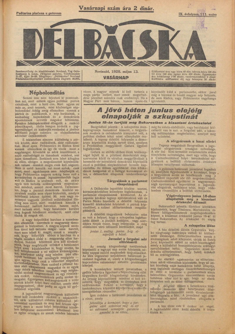 Délbácska, 9. évf. 1928. május 13. 111. sz.