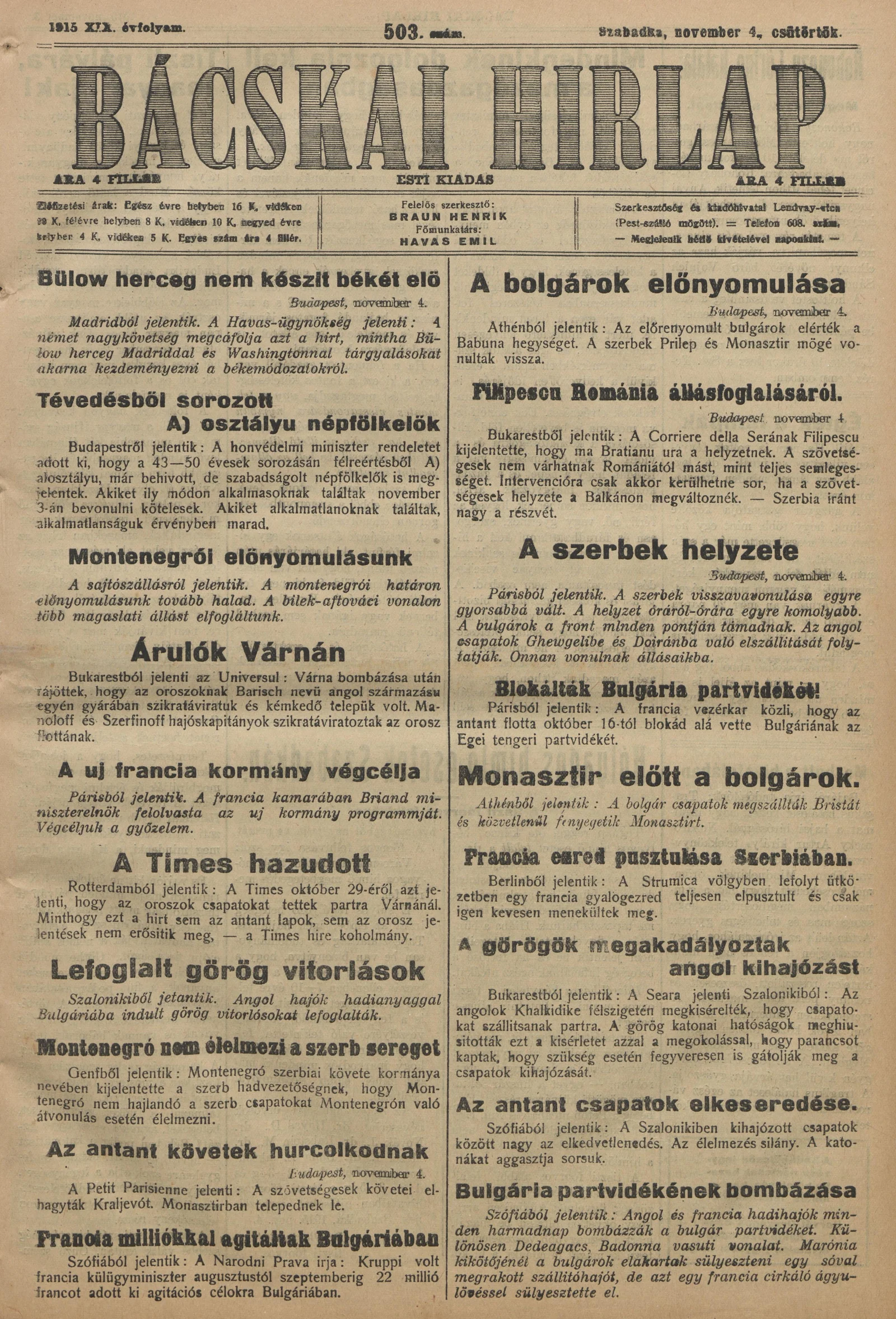 Bácskai Hirlap, 19. évf. 1915. november 4. 503. sz.