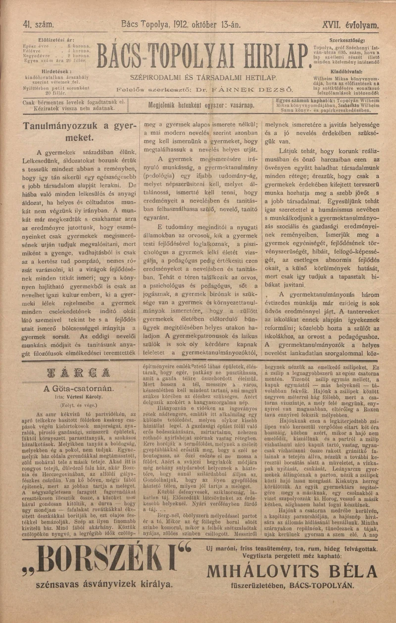 Bács-Topolyai Hirlap, 17. évf. 1912. október 13. 41. sz.