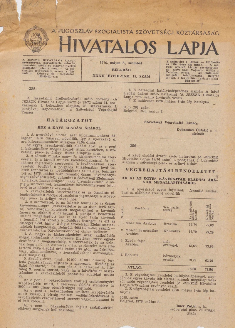 A Jugoszláv Szocialista Szövetségi Köztársaság Hivatalos Lapja, 32. évf. 1976. május 8. 19. sz. 485–488. oldal