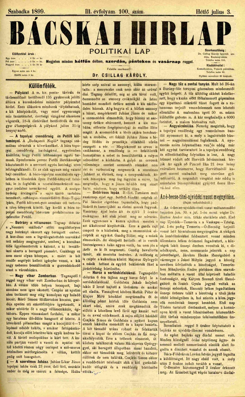 Bácskai Hirlap, 3. évf. 1899. július 3. 100. sz.