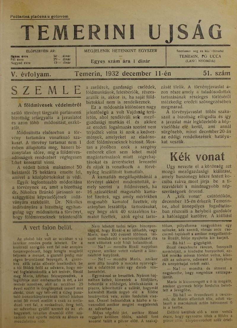 Temerini Újság 1928-1944, 5. évf. 1932. december 11. 51. sz.
