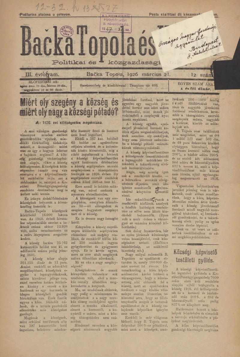 Bačka Topola és Vidéke, 3. évf. 1926. március 21. 12. sz.