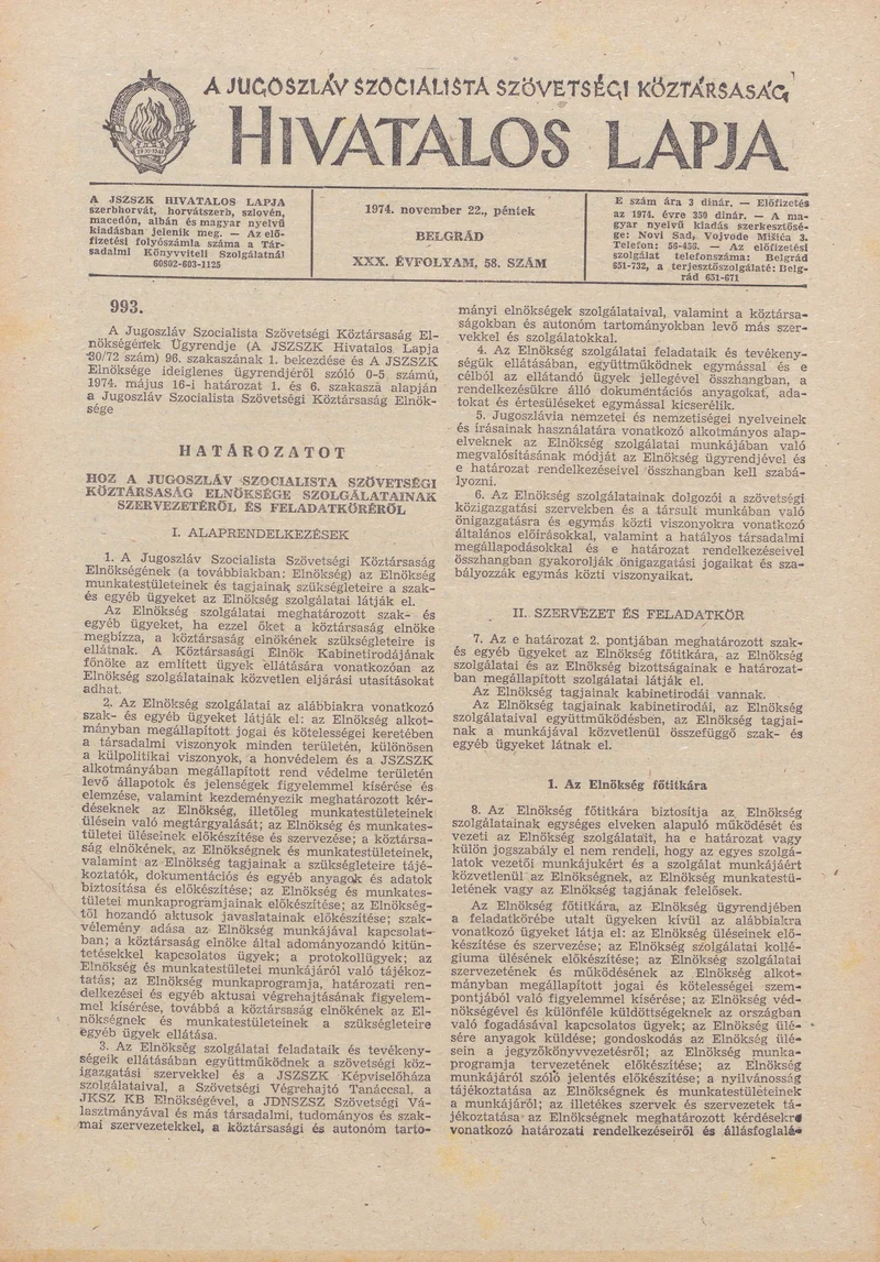 A Jugoszláv Szocialista Szövetségi Köztársaság Hivatalos Lapja, 30. évf. 1974. november 22. 58. sz. 1825–1836. oldal
