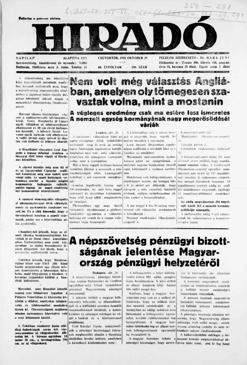 Híradó, 60. évf. 1931. október 29. 250. sz.