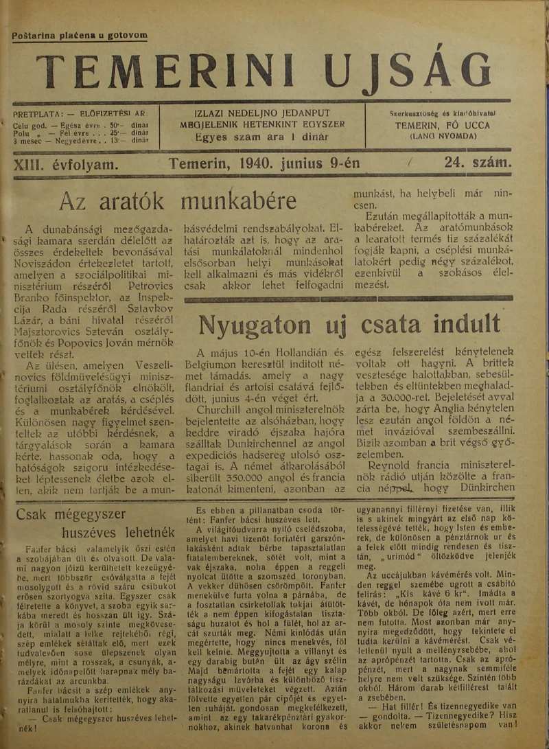 Temerini Újság 1928-1944, 13. évf. 1940. június 9. 24. sz.