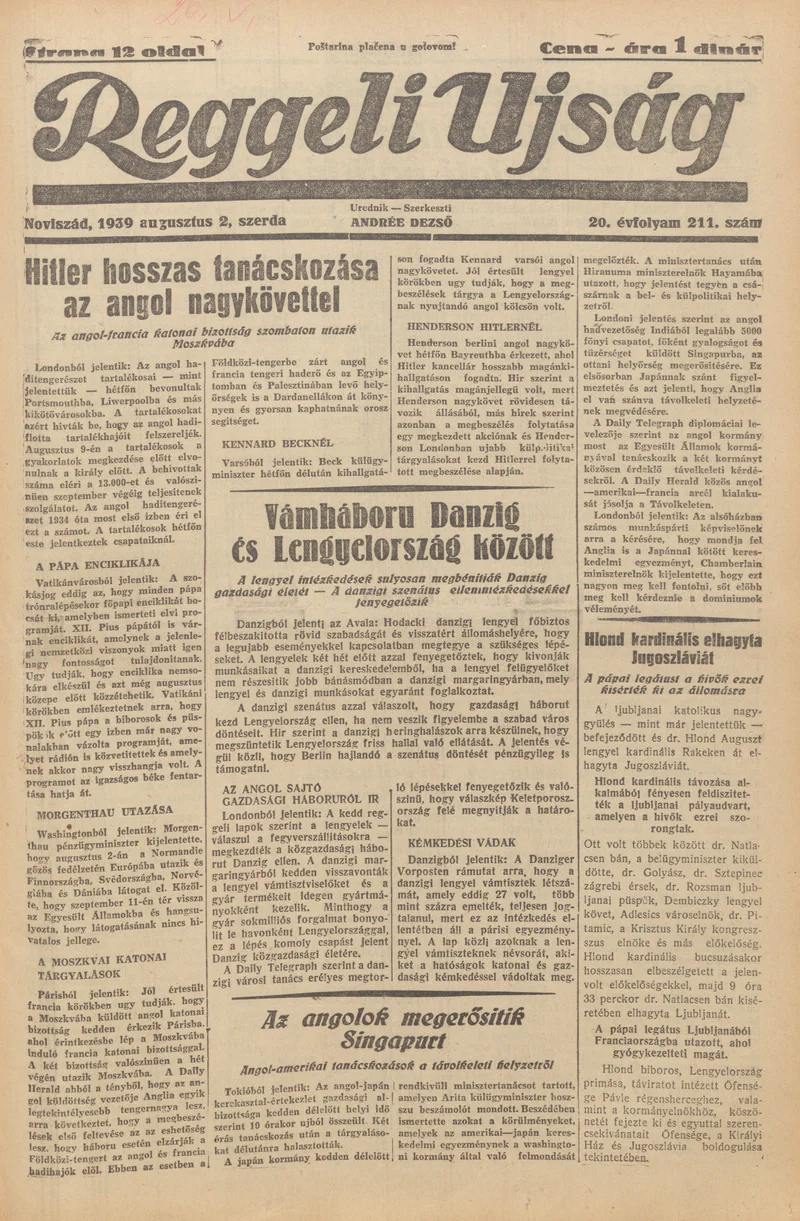 Reggeli Újság, 20. évf. 1939. augusztus 2. 211. sz.