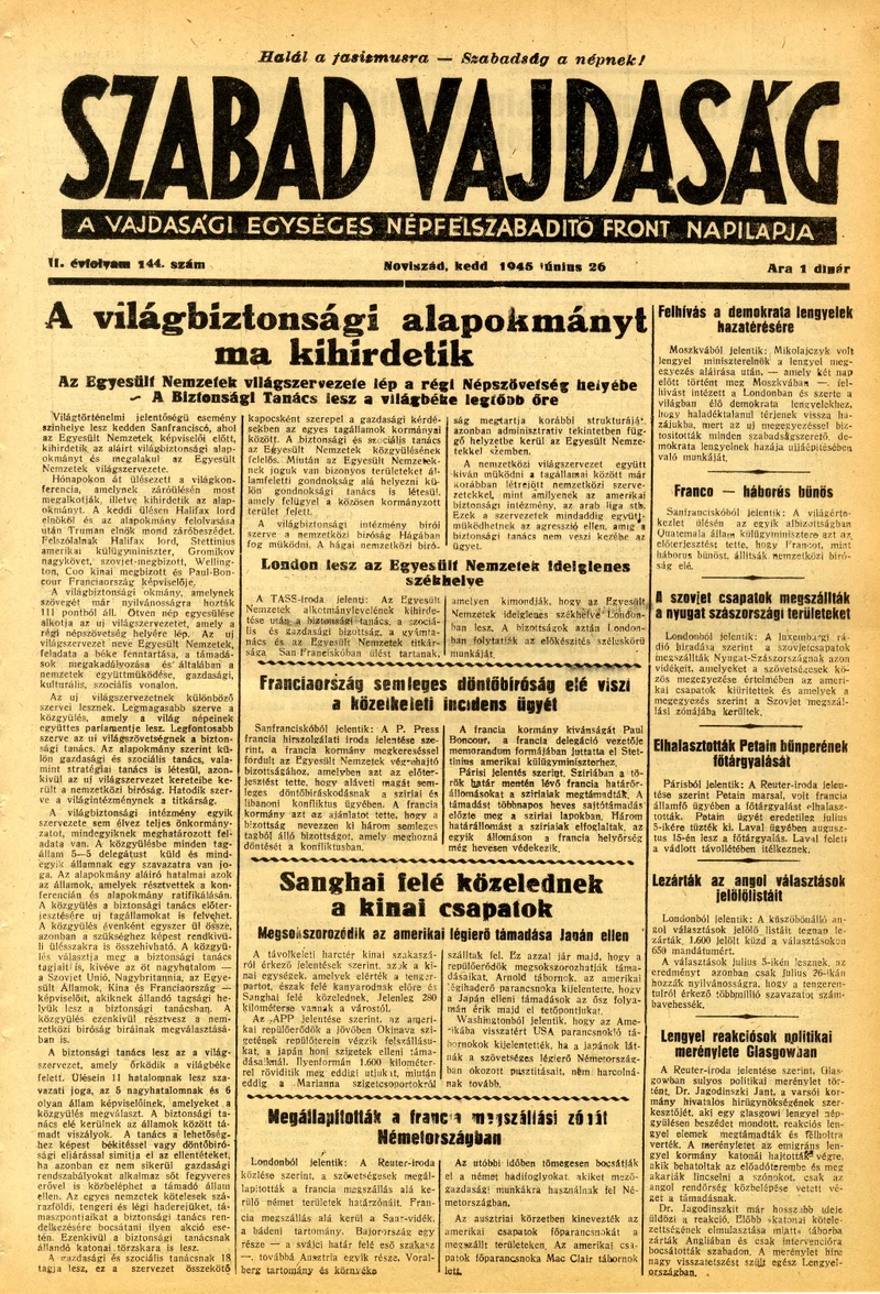 Szabad Vajdaság, 2. évf. 1945. június 26. 144. sz.